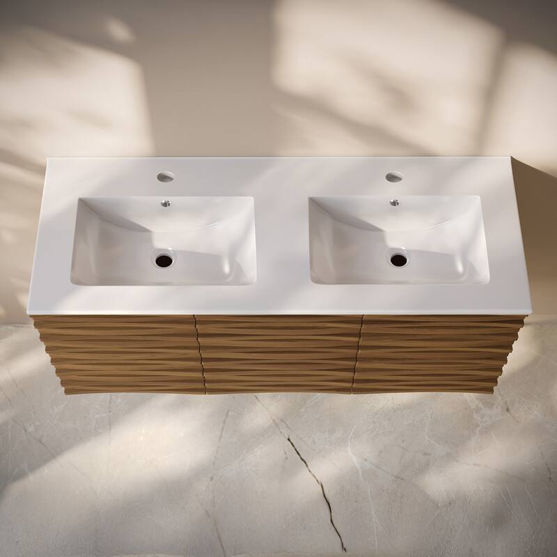 Cascade 48" Wall-Mounted Bathroom Vanity In Brown Oak With Double Basin Sink Top - 48