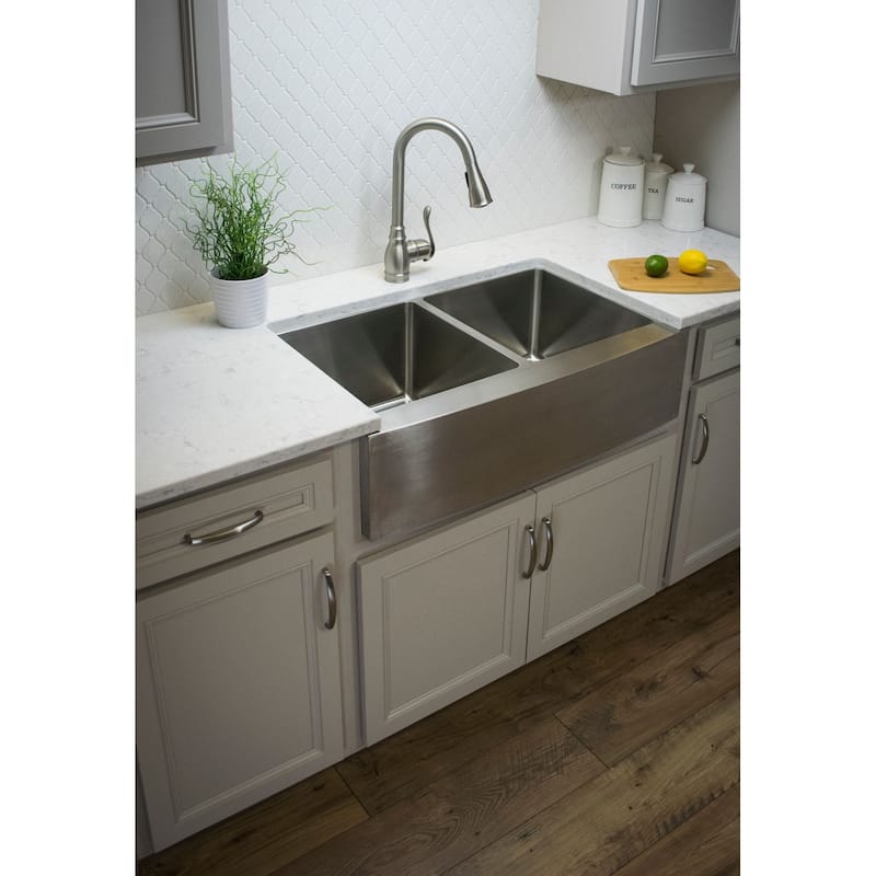 Karran Elite Apron-Front Stainless Steel 36 in. 16-Gauge Double Bowl Farmhouse Kitchen Sink Kit