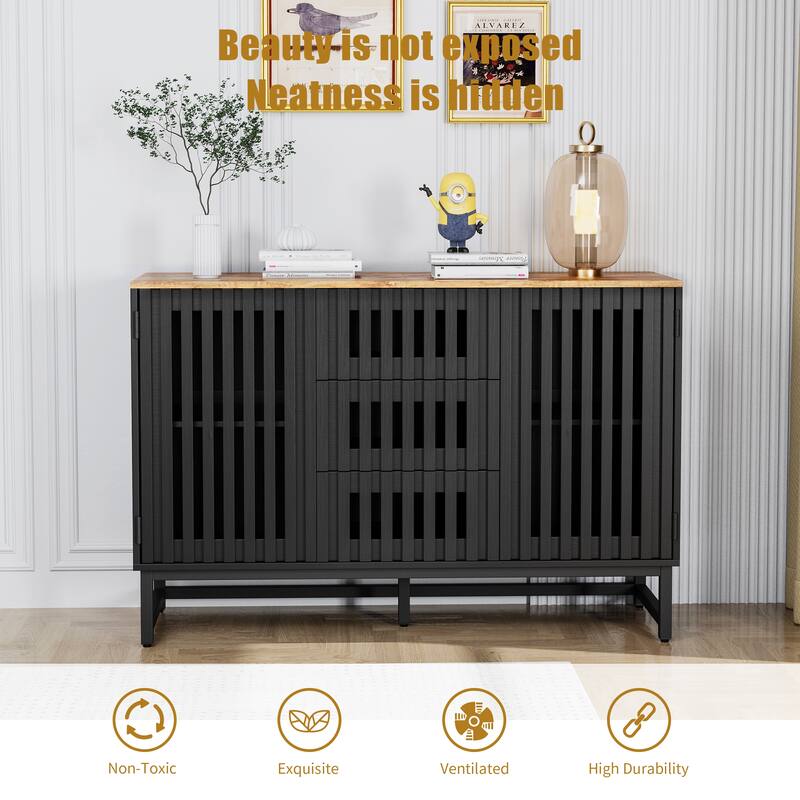 Modern Style Dressing with Grille Stripe Door 3 Drawers and 4 Shelves, for Living Room, Dining Room Office