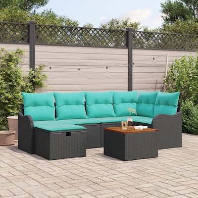 vidaXL 7 Piece Garden Sofa Set with Cushions Black Poly Rattan - 91.5×48.2×27.2