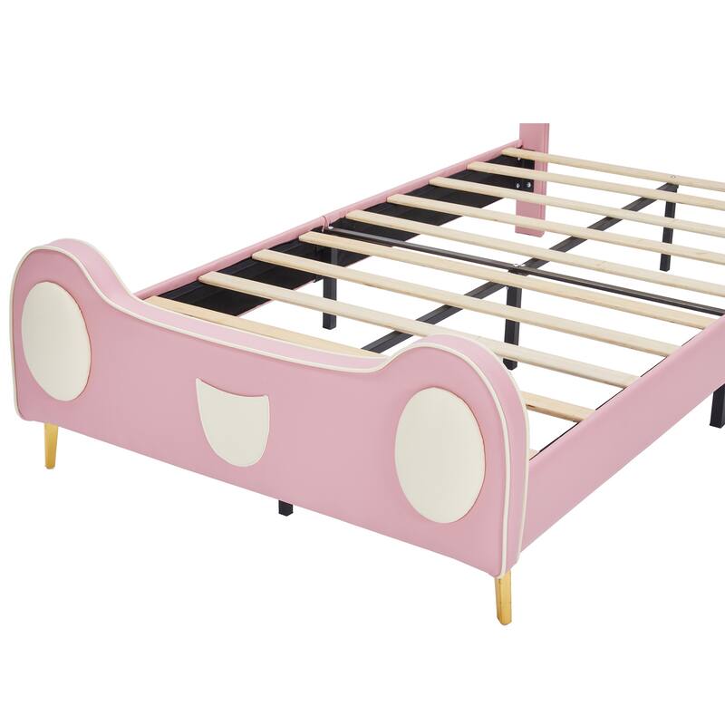 Twin Size Princess Bed with Crown Headboard, PU Upholstered Platform Bed, Bed Frame with Storage Pocket, Pink