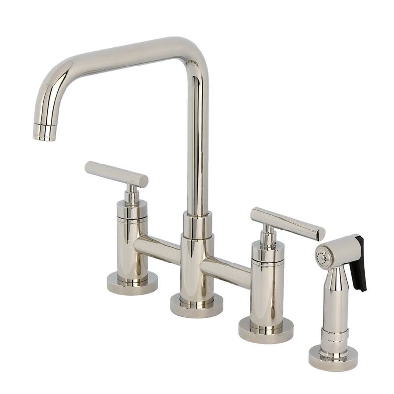 Kingston Brass Manhattan Two-Handle 4-Hole Deck Mount Bridge Kitchen Faucet with Brass Side Sprayer - Polished Nickel
