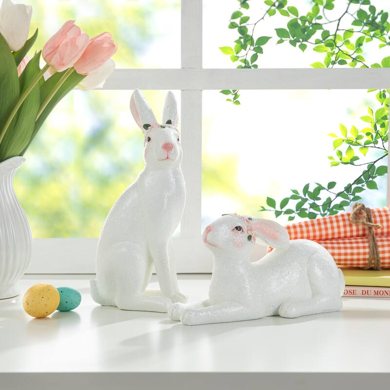 Glitzhome Easter 9.75"H Resin Bunny Figurine Table Decor Gifts (Set of 2)