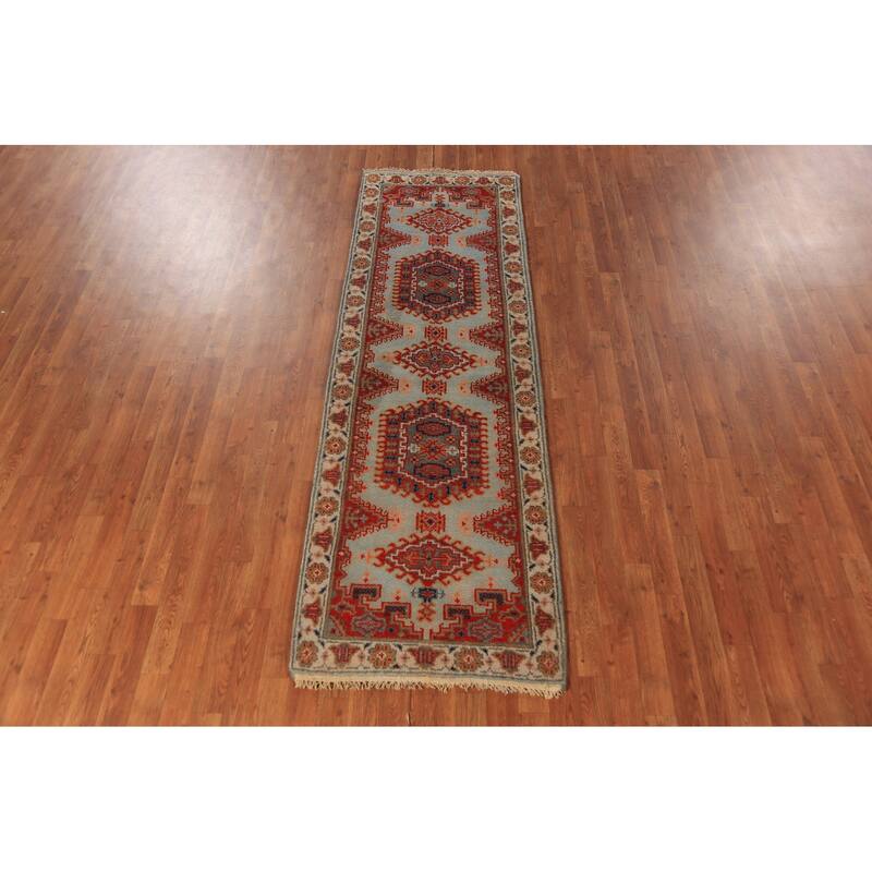 Geometric Viss Indian Runner Rug Hand-Knotted Beige Wool Carpet - 2'6"x 7'11"