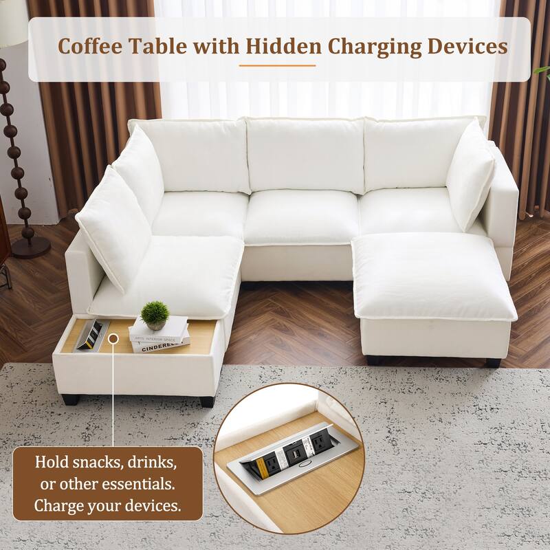 90" Chenille U-Shaped Sectional Sofa with Movable Ottoman, Coffee Table with Hidden Charging Devices, and Free Configurations