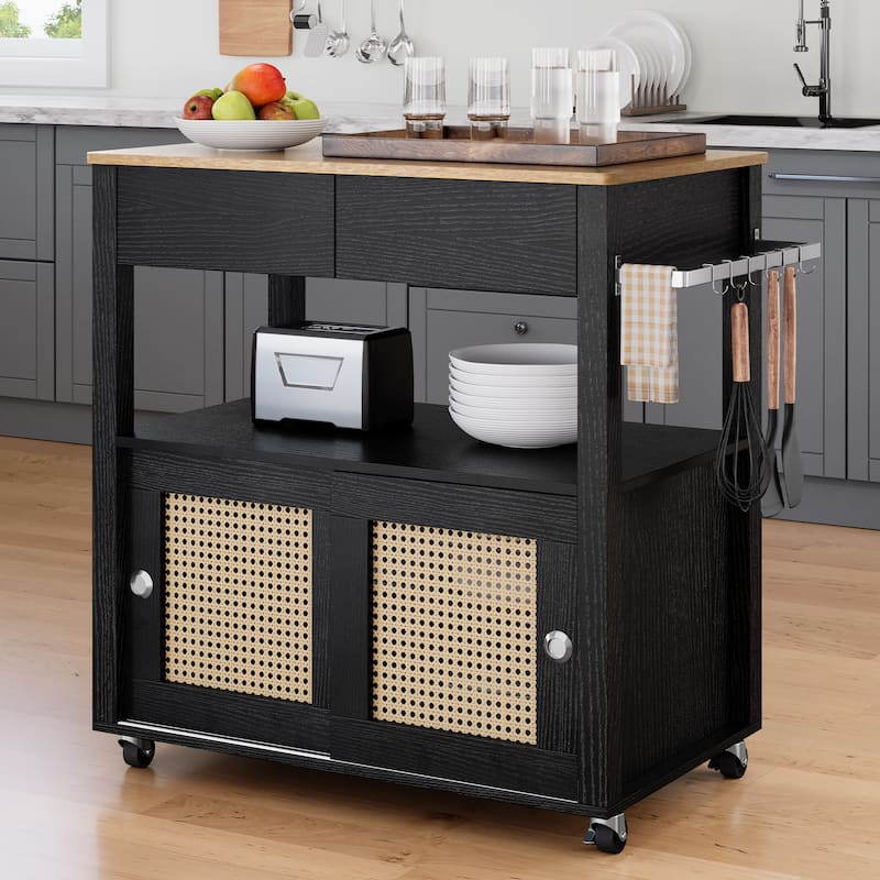 Moasis Rattan Rolling Kitchen Island with Storage Cabinet - 32.2"L x19.5"W x 35"H