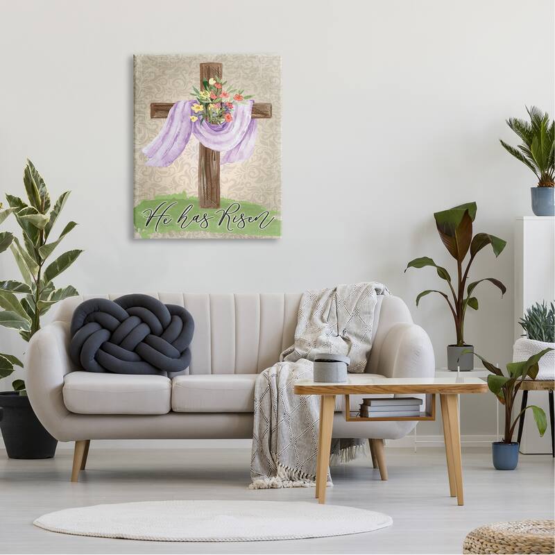 Stupell He Has Risen Spring Floral Cross Brown Damask Pattern Canvas Wall Art