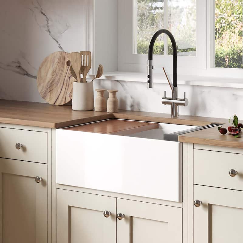 Ruvati 27 inch Fireclay Workstation White Farmhouse Kitchen Sink Apron Front Single Bowl - RVL2781WH - 27 x 18