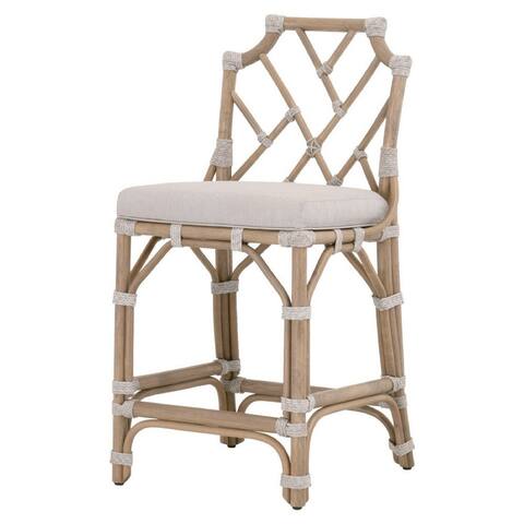 Counter Stool with Scooped Back and Rattan Frame, Taupe Gray - 40.5'H X 21"D X 21" W