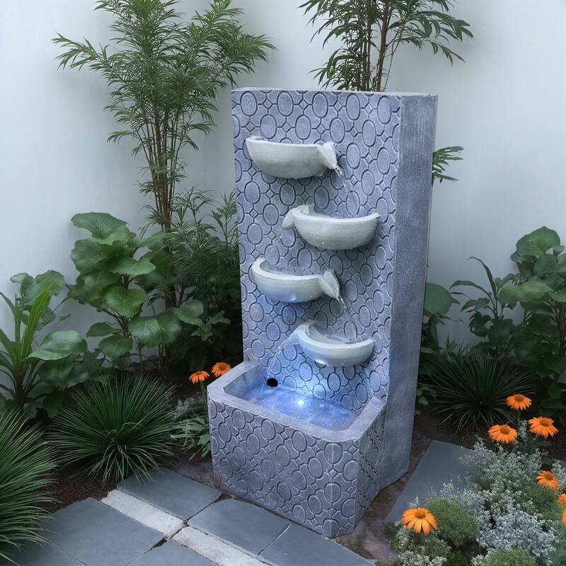 Vbal Outdoor 4-Tier Polyresin Modern Fountain with Soothing Water Sounds – Weather Resistant