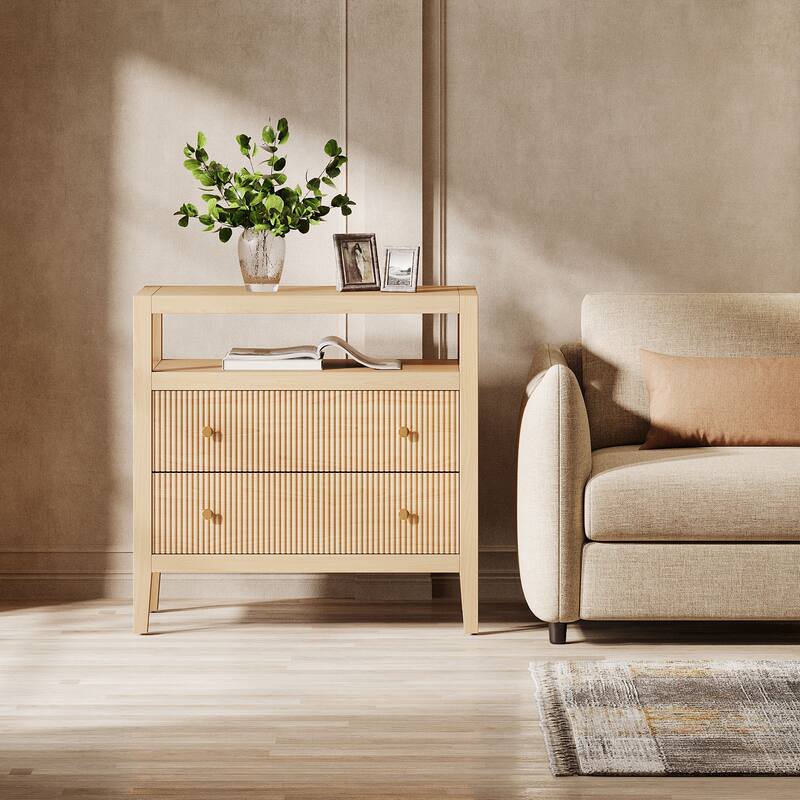 2-Drawer Farmhouse Nightstand, Nightstand with Open Storage Shelf