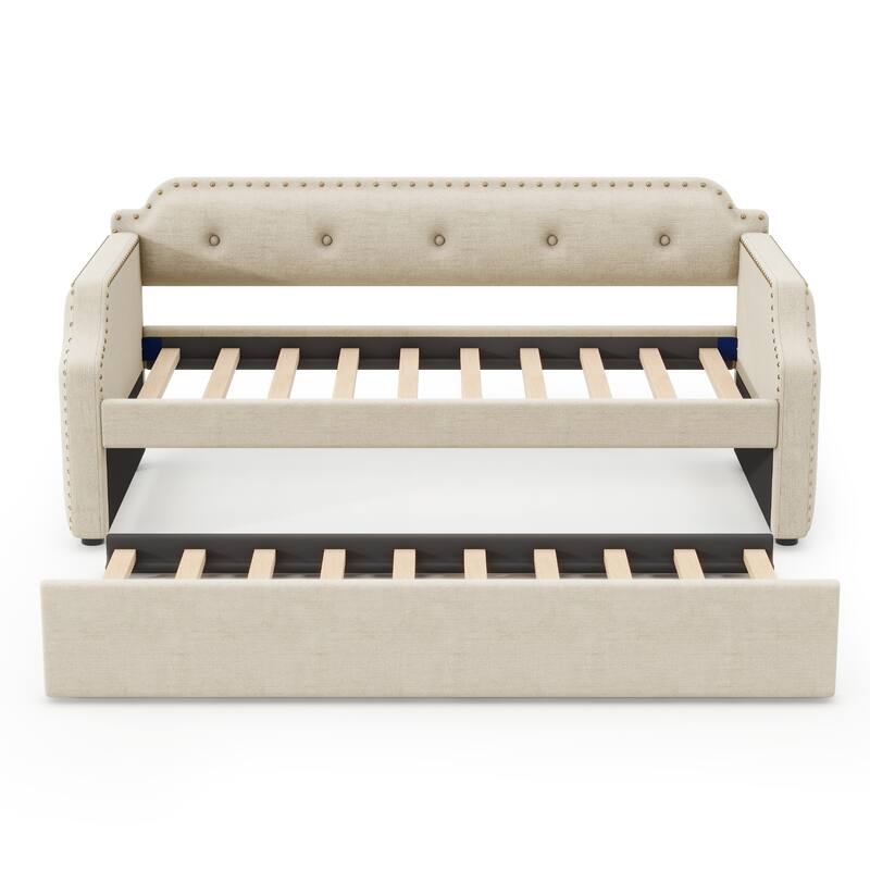 Twin Size Upholstered Sofa Daybed with Trundle, Wood Slat Support, Linen Frame, Perfect for Small Living Spaces and Guest Rooms