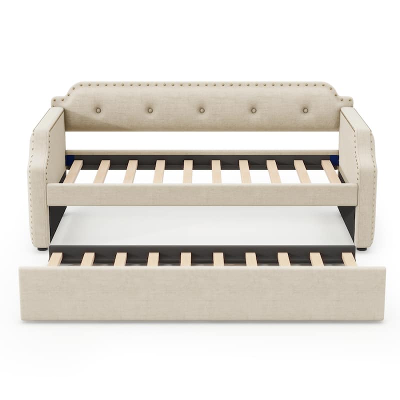 Upholstered Daybed With Trundle, Wood Slat Support,Upholstered Frame Sofa Bed