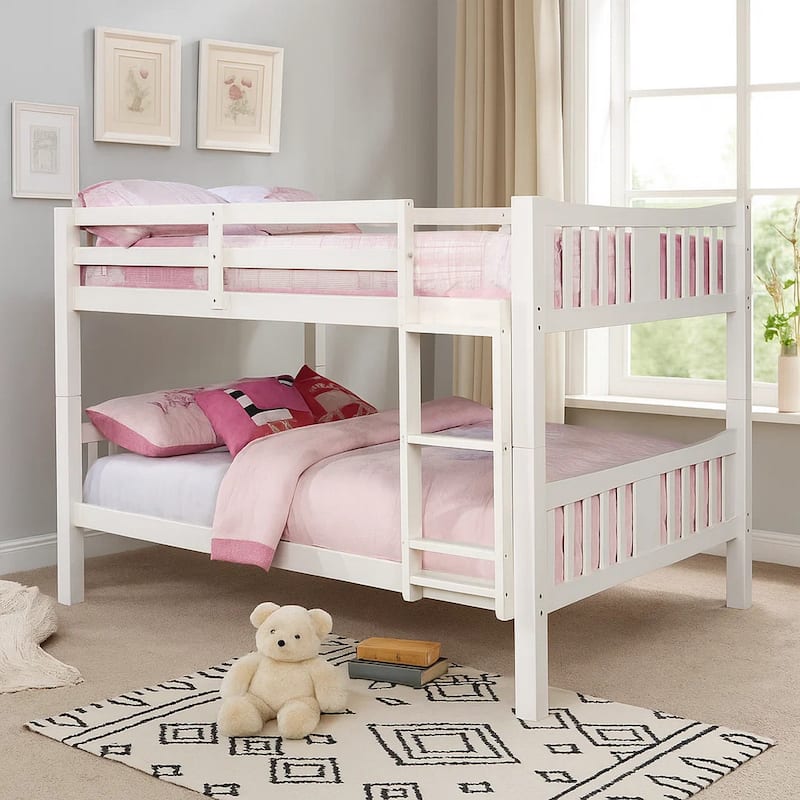 Nedy Full over Full Bunk Bed with Attached Ladder, White Solid Wood