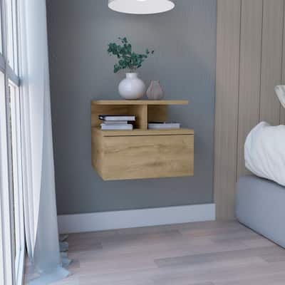 Floating Nightstand 12"H, Wall Mounted with Single Drawer and 2-Tier Shelf, Macadamia