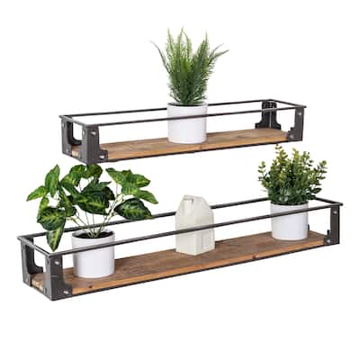 Set of Two Floating Decorative Metal and Wood Wall Shelves