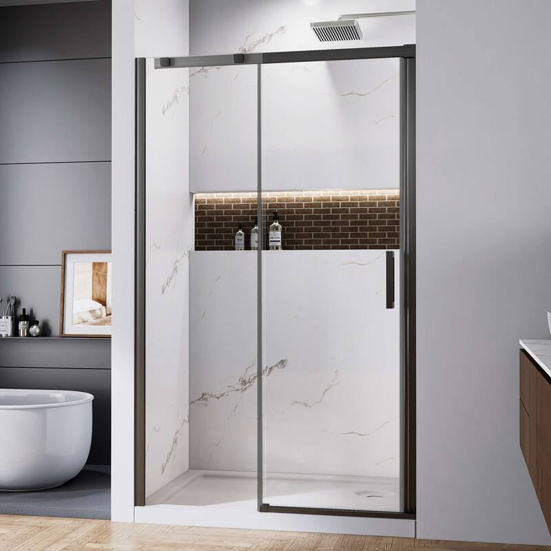 48" x 74" Glass Shower Door Framed Sliding Adjustable Brushed Nickel Clear Shower Enclosure with Hardware Kit