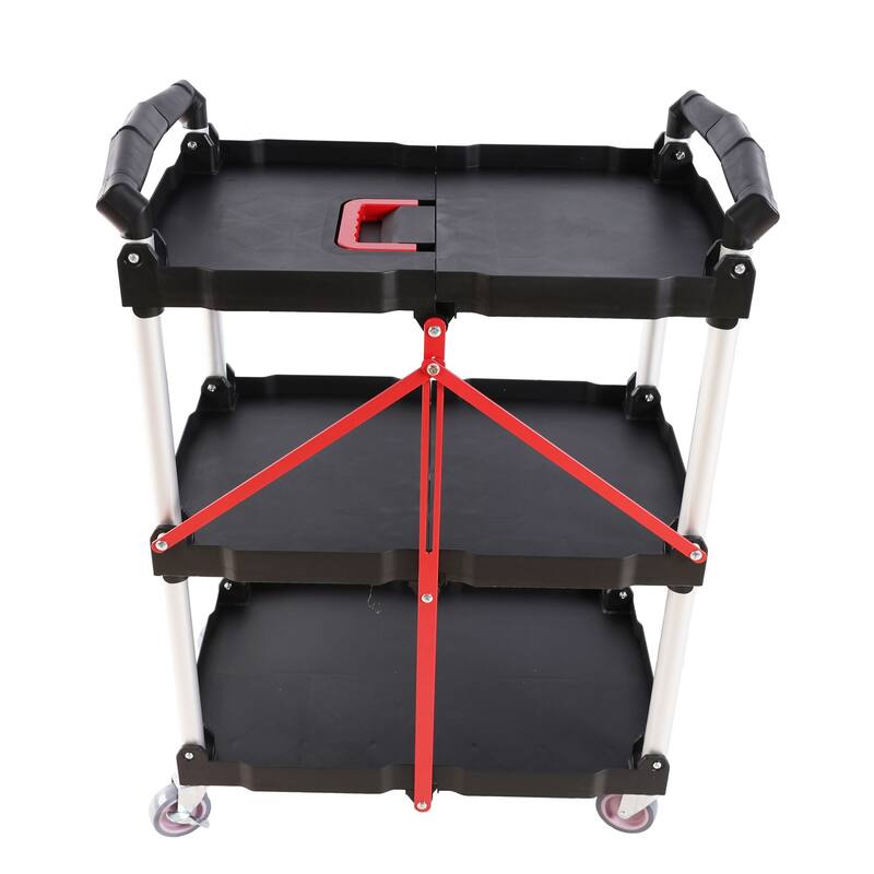 Folding Service Car With Wheels, Three-layer Practical Trolley, Folding Storage Cart, No Assembly Required - Blue/Black