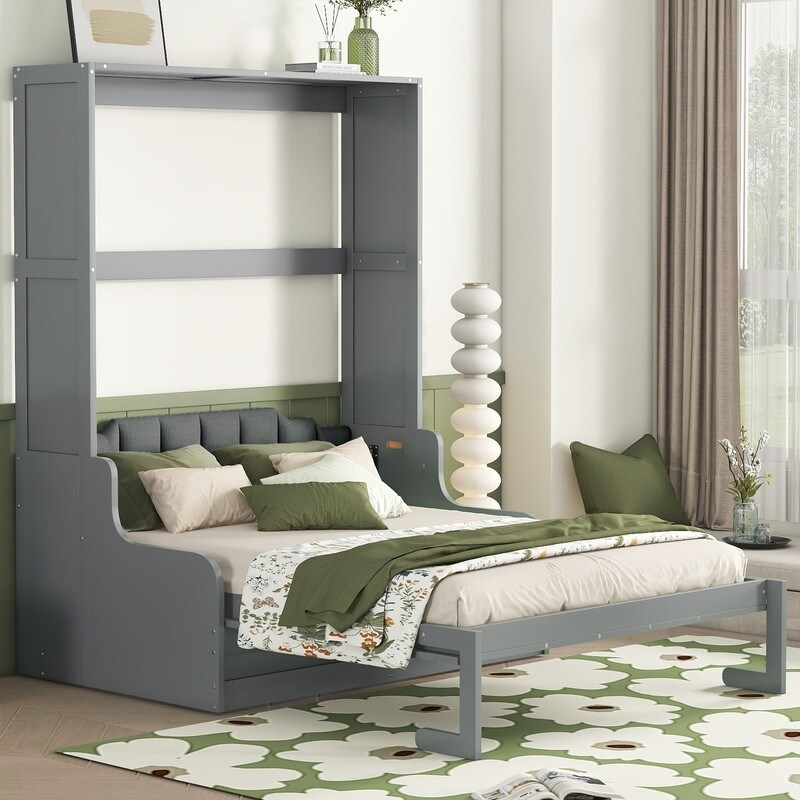 Queen Size Murphy Bed with Bench and Removable Cushion Modern Wall Bed Foldable Cabinet Bed Frame with Low Headboard