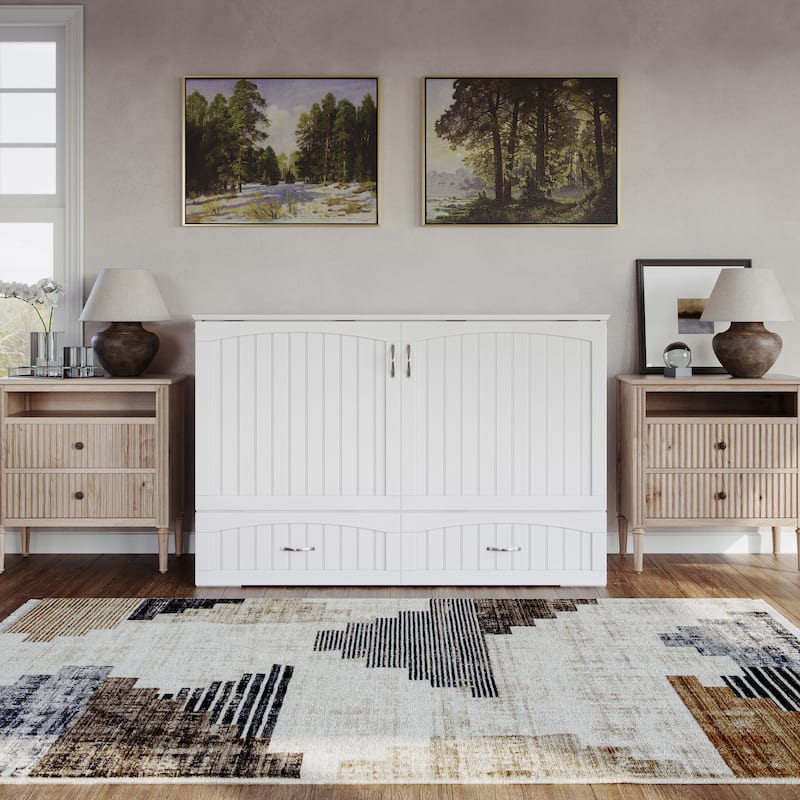 Aspen Queen Murphy Bed Chest with 6" Mattress, Storage Drawer & Built-In Charger in White