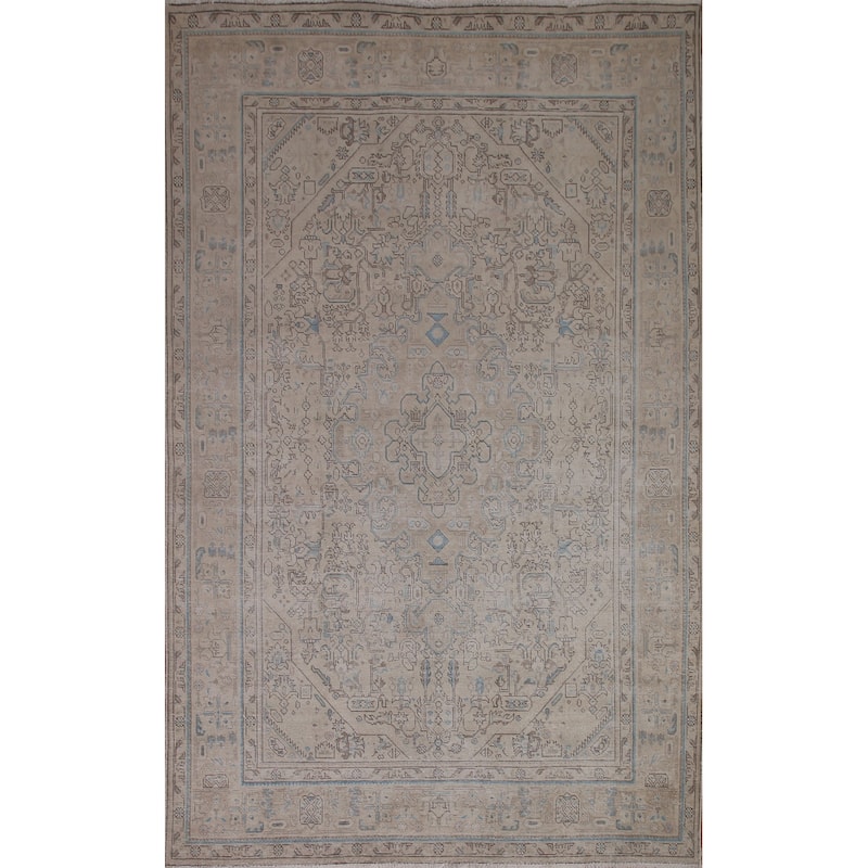 Distressed Muted Tabriz Persian Rug Handmade Vintage Wool Carpet - 6'5" x 9'3"