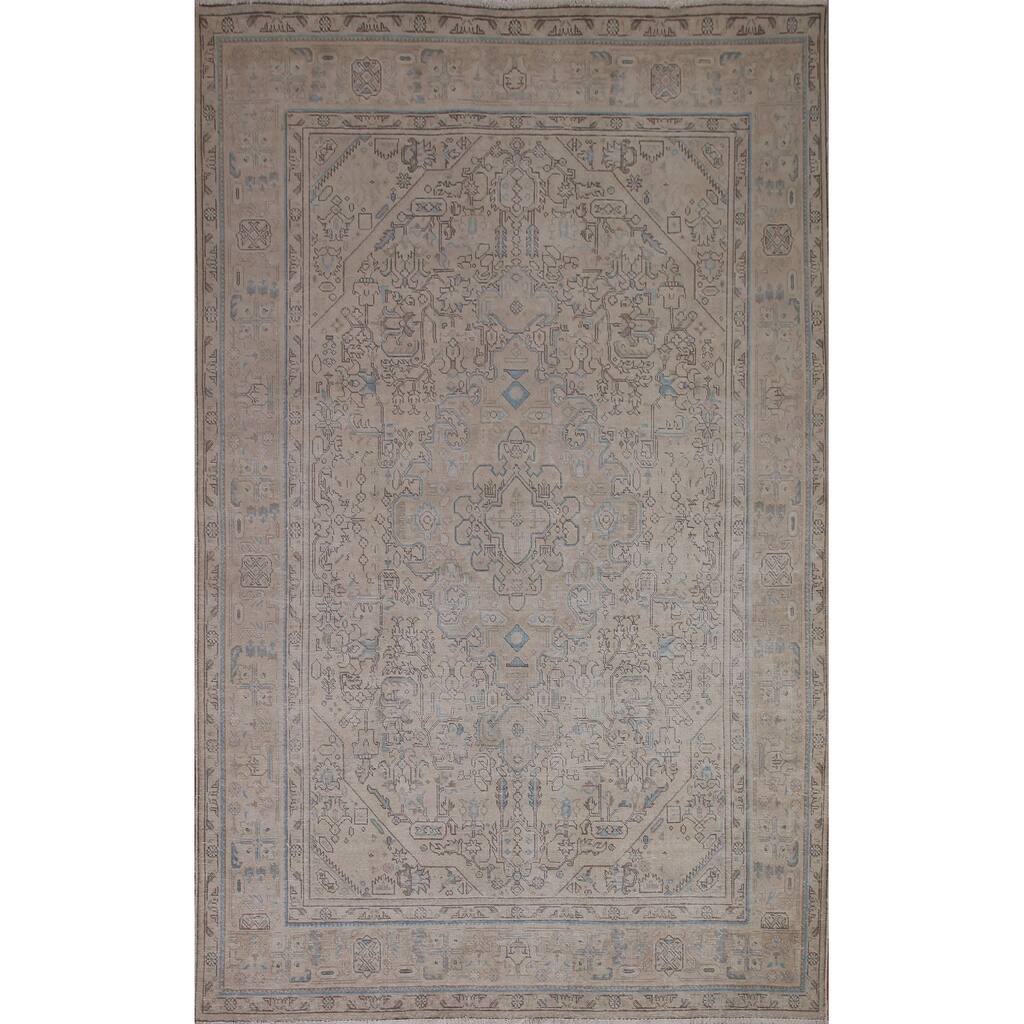 Distressed Muted Tabriz Persian Rug Handmade Vintage Wool Carpet - 6'5" x 9'3"
