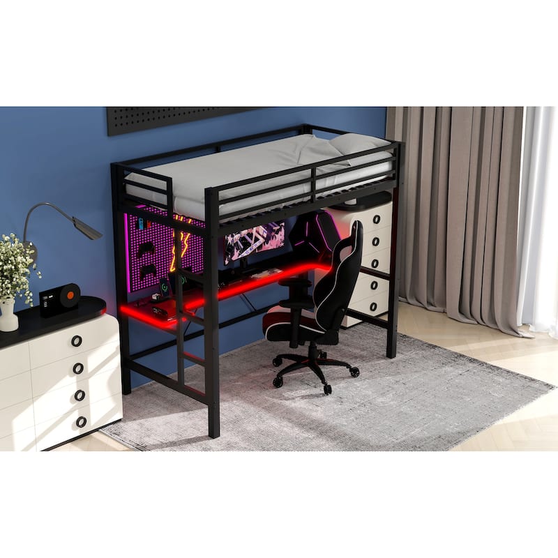 Metal Twin Size Loft Bed with Desk and Stairs, Heavy Duty Loft Bed Frame with LED Lights and USB Charge Station for Bedroom