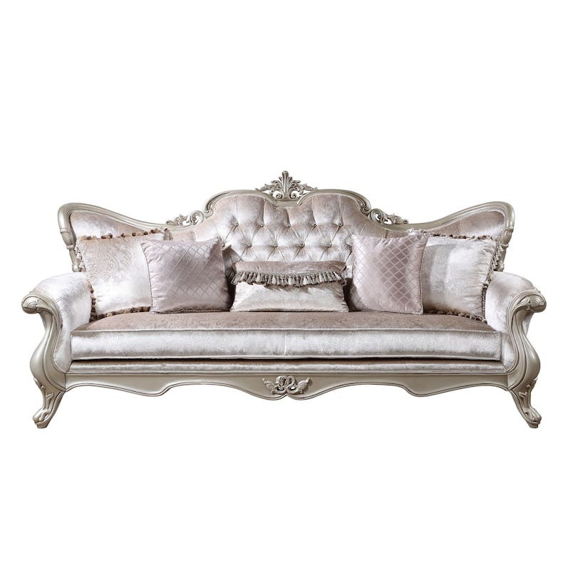 Kerra Sofa with Accent Pillows, Beige Fleur De Lis Velveteen 97 Inch