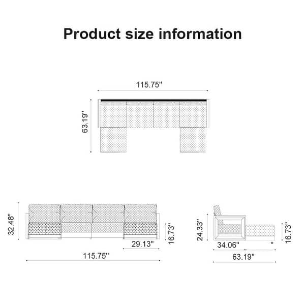 dimension image slide 8 of 14, PURPLE LEAF Caesar U-Shaped Grey Outdoor Couch with 9.6" Thick for Yard Porch Deck Patio Conversation Sets