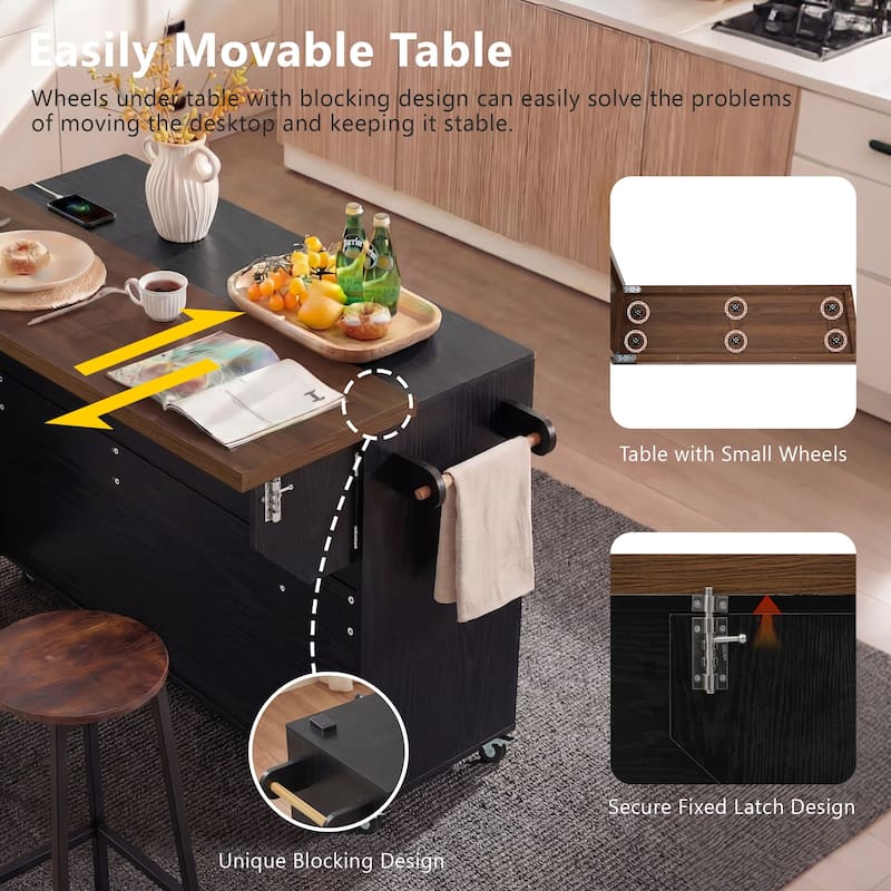 102.3" Kitchen Island with Extendable Dining Table, Trash Storage Cabinet & 3-Tier Pull-Out Spice Rack