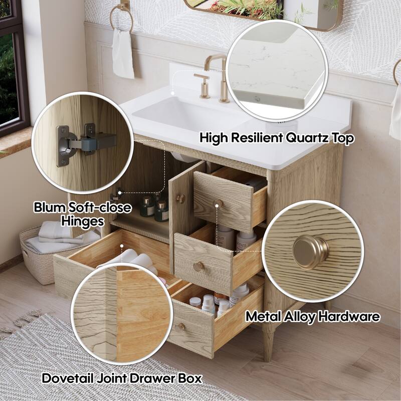 34''H Solid Wood Bathroom Vanity With Carrera White Quartz Top and Sink