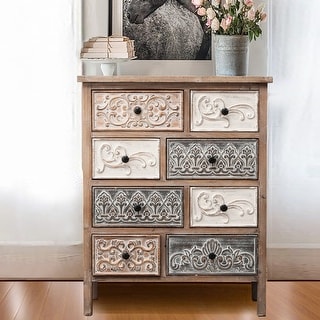 The Curated Nomad Brewa Varied Rustic Carved Wood 8-Drawer Chest - 32.09" H x 25.78" W x 12.6" D - Overstock - 31041083