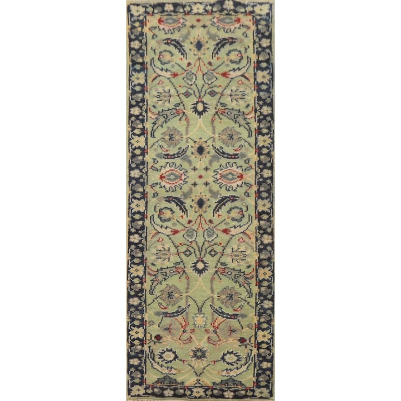 Hand-knotted Transitional Wool Carpet Green Oushak Rug Oriental Carpet Floral Area Rug Oriental Carpet - 8' 0'' X 2' 6''