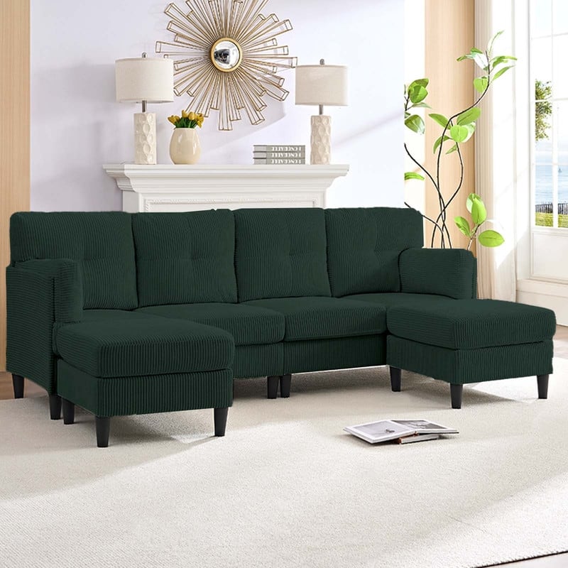 Mixoy Corduroy U-Shape Modular Convertible Sectional Sofa,Upholstered 4-Seater Sofa Couch with Movable Ottoman
