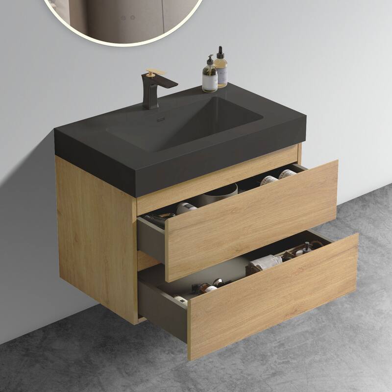 Single Wall Mounted Bathroom Vanity with Natural Oak Finish, Silent Soft-Closing Drawers, Black Solid Surface Basin