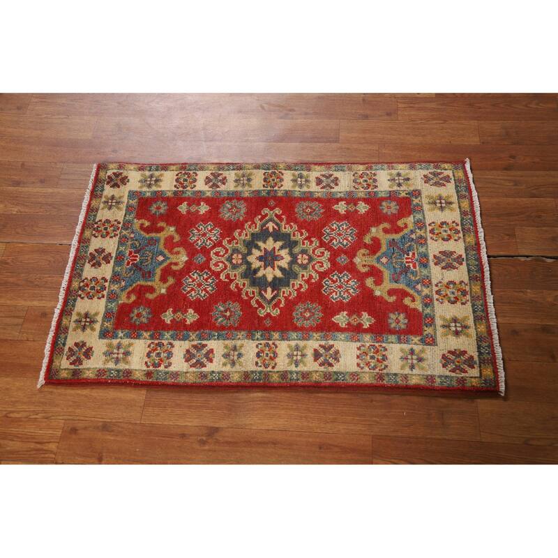 Geometric Red Kazak Oriental Foyer Rug Hand-Knotted Wool Carpet - 2'0" x 3'0"