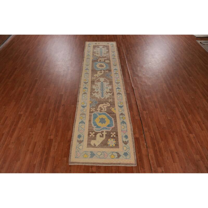 Hand Knotted Oriental 100% Wool Carpet Transitional Geometric Brown Oushak Runner Rug - 12' 3'' X 3' 2''