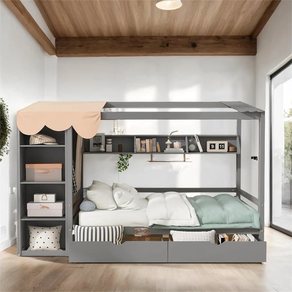 slide 2 of 42, Full Size Wood House Bed with Drawers and Wardrobe