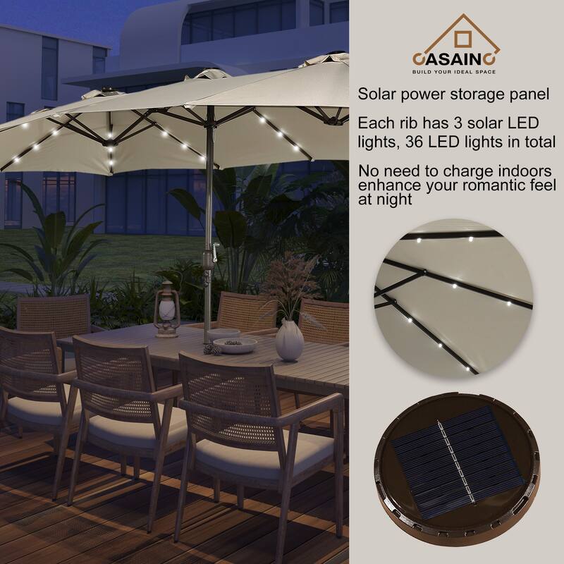 15-ft. Rectangular Crank Double-sided Outdoor Market Umbrella Solar LED Lighted Patio Umbrella with Base Included
