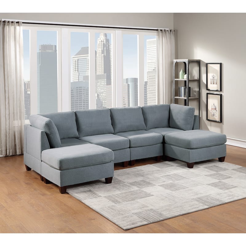 U-Sectional Modular Sectional Couch Grey Linen Like Fabric 2x Corner Wedge 2x Armless Chairs and 2x Ottomans - Grey