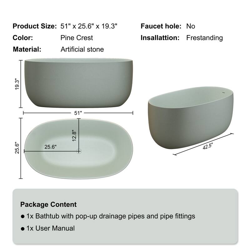 Solid Surface Freestanding Soaking Bathtub with Center Drain and Pop-up Drain, Modern Tubs with Overflow