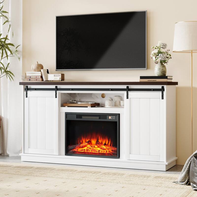 63" Farmhouse Fireplace TV Stand with Sliding Barn Door, Accommodates TVs Up to 65", Featuring Storage and Adjustable Shelves
