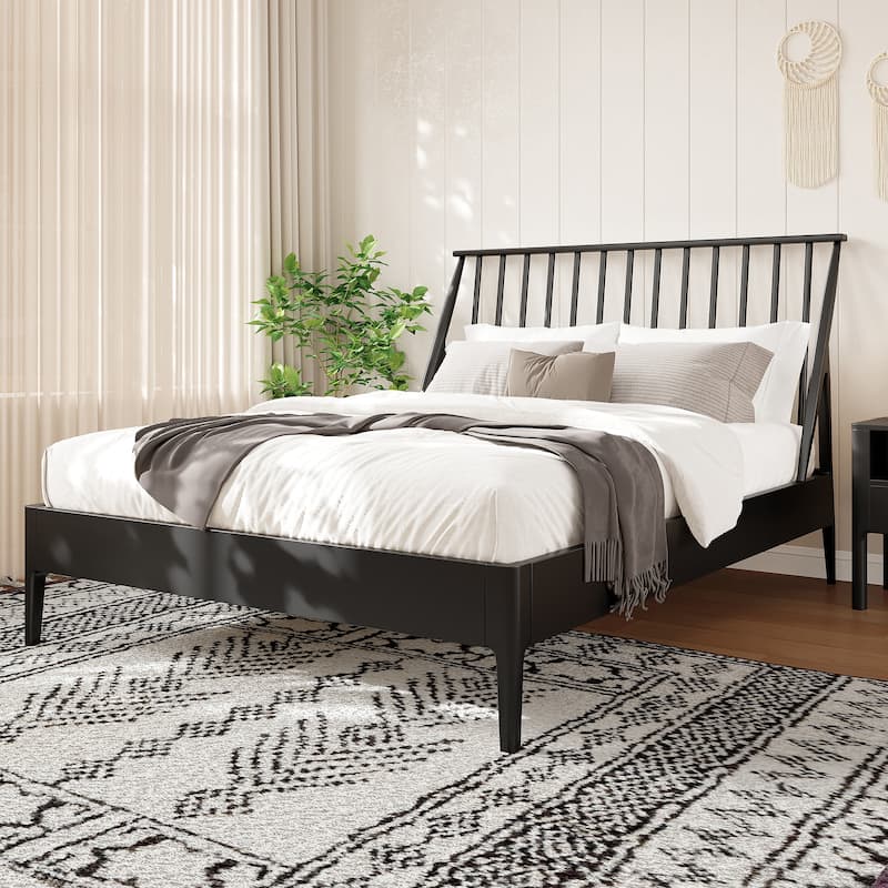 Bohemian Bamboo Spindle Platform Bed Frame with Wooden Slats and Metal Support, No Box Spring Needed, Low Profile Wingback Bed