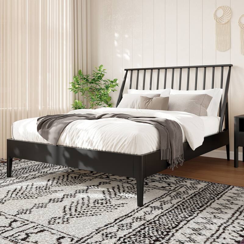 Solid Bamboo Wood Spindle Platform Bed - Black - King
