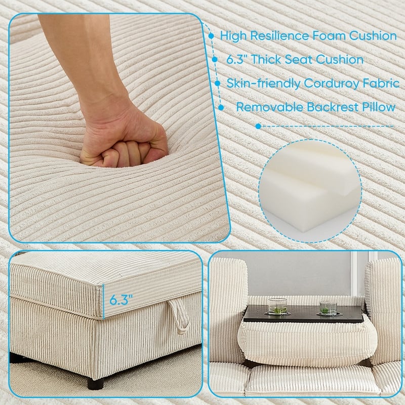 Mixoy 98’‘Multi-Functional Corduroy Upholstered Sofa Bed with Foldable Backrest Converts toTable,Cup Holde,Storage Ottoman