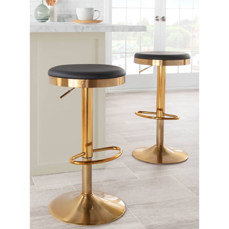 Lumisource Dakota Barstool in Gold Steel and White Leather - Set of 2 - 15"Lx15"Wx23-31.75"H