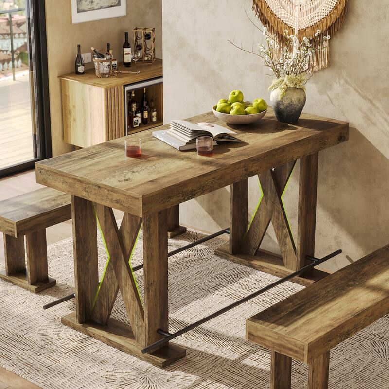 63 Inch Bar Table Counter Height Pub Table with Metal Footrest - 31.5" D x 62.99" W x 39.37" H