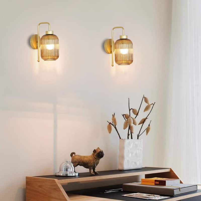 2 Pack bulb lights gold lighting fixtures glass, iron wall sconces