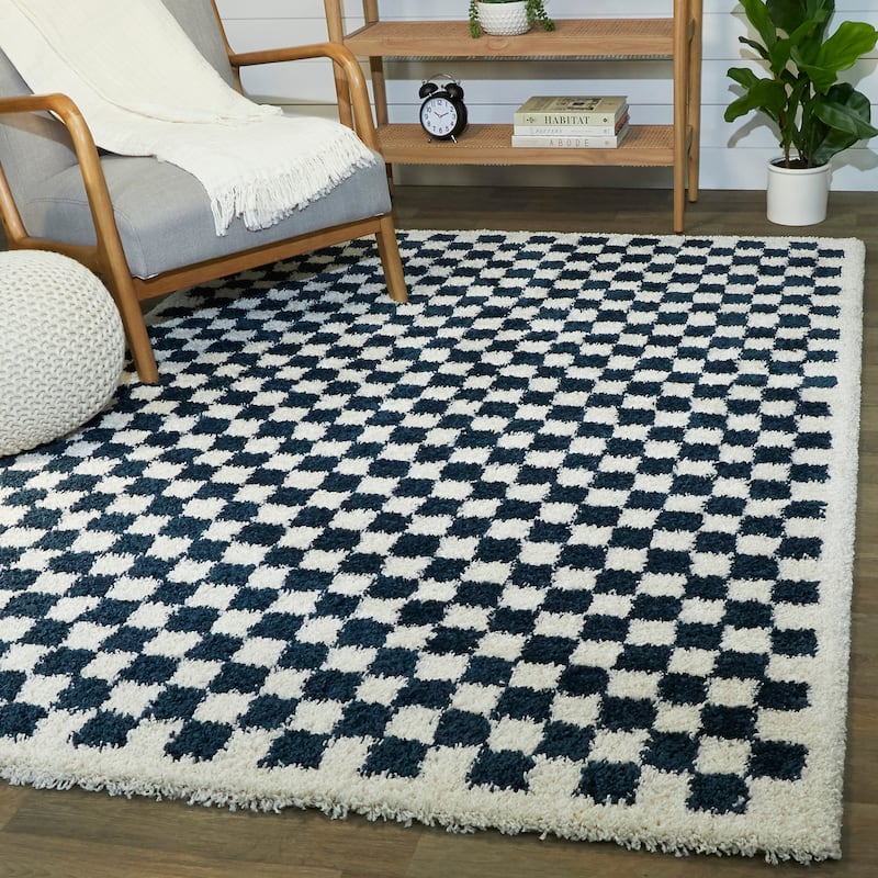 Covey Plush Checkered Thick Shag Area Rug - 5'3" x 7' - Navy