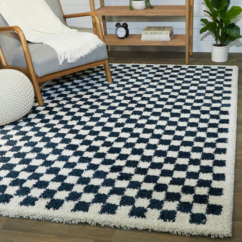 Covey Plush Checkered Thick Shag Area Rug - 7'10" x 10' - Navy